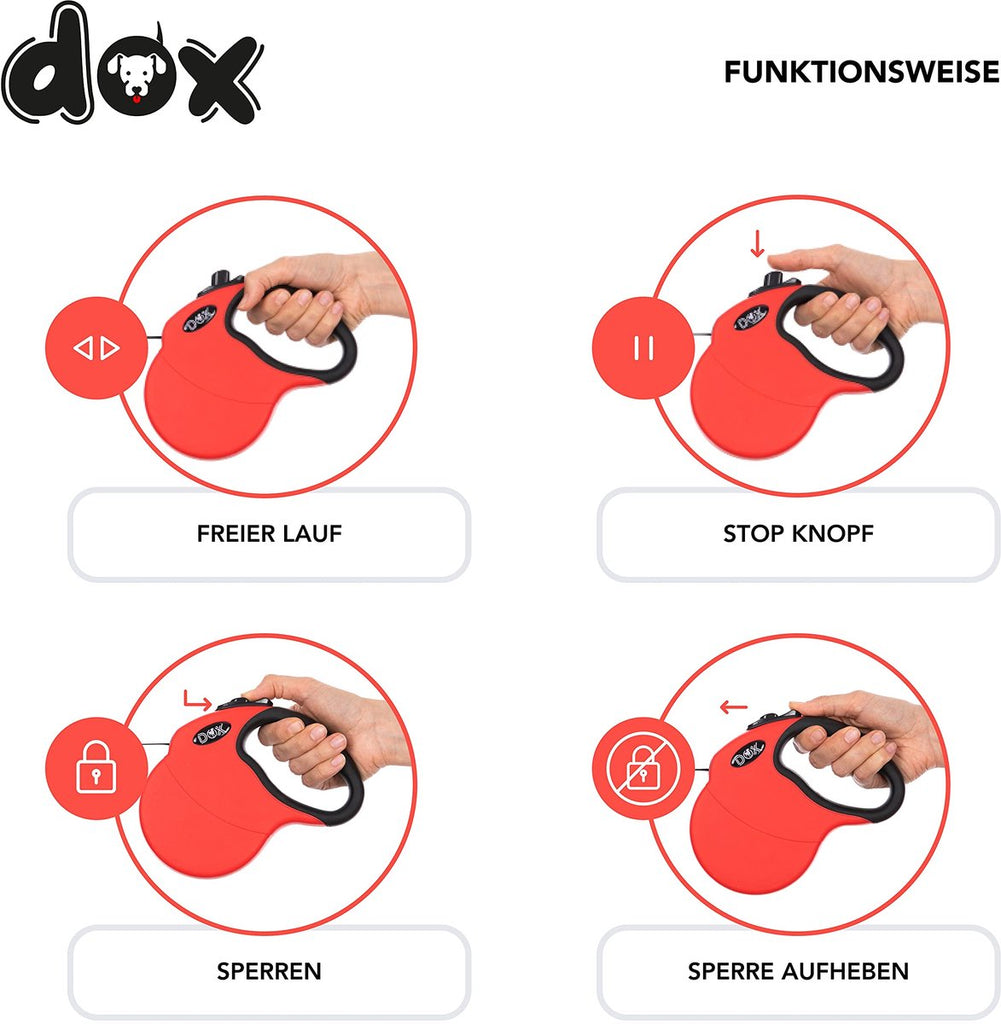 DDOXX DDOXX Uitschuifbare Hondenriem - Stabiele Reflecterende Nylon Strips Hondenriem Bijtbestendig - Rollijn Breek- en Vergrendelsysteem - S (Rood)
