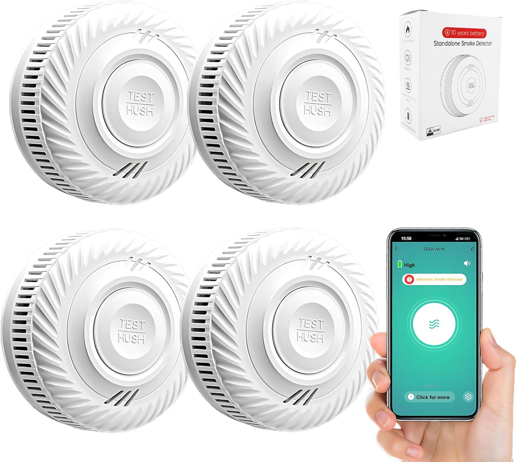 Ariva Slimme Rookmelder en Brandmelder - 4 Stuks - met app Tuya & Smartlife - iOS - Android - Meldingen via app - WiFi – Draadloos Brandalarm - 10 Jaar levensduur Batterij – Inclusief Zelfklevende Montagekit – Geen abonnement - Voldoet aan EU-regelgeving