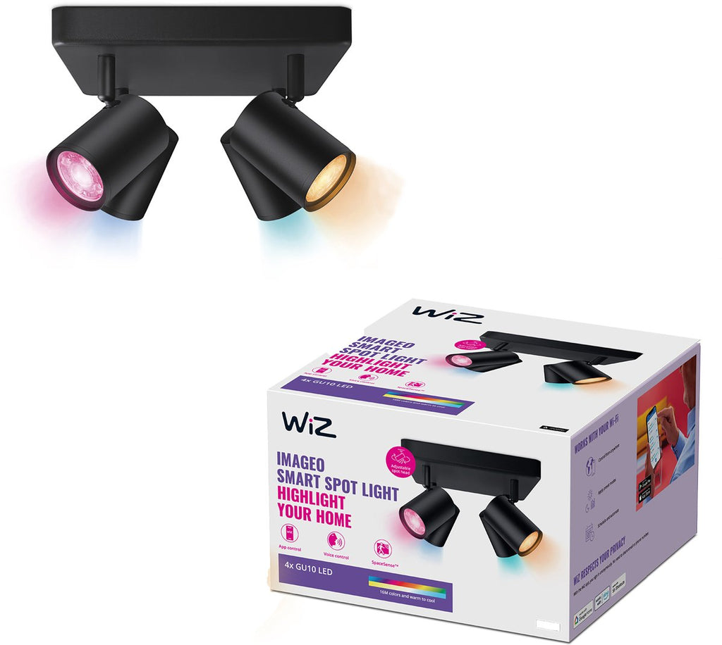 WiZ Plafondlamp Imageo - Opbouwspot - 4 spots - Gekleurd en Wit Licht - Slimme LED Verlichting - GU10 fitting - 4x 5W - Vierkant - Zwart - Wi-Fi